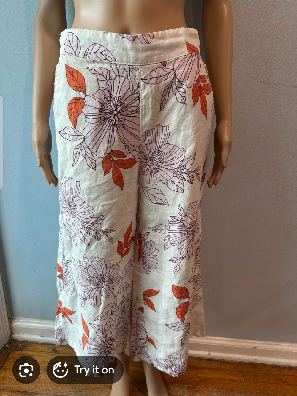 RACHEL Rachel Roy Cream Floral Cropped Wide-Leg Pants